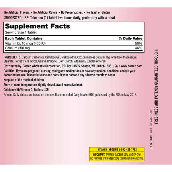 Calcio 600 mg + D3 KIRKLAND
